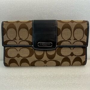 Coach Brown and Tan Signature Trifold Wallet